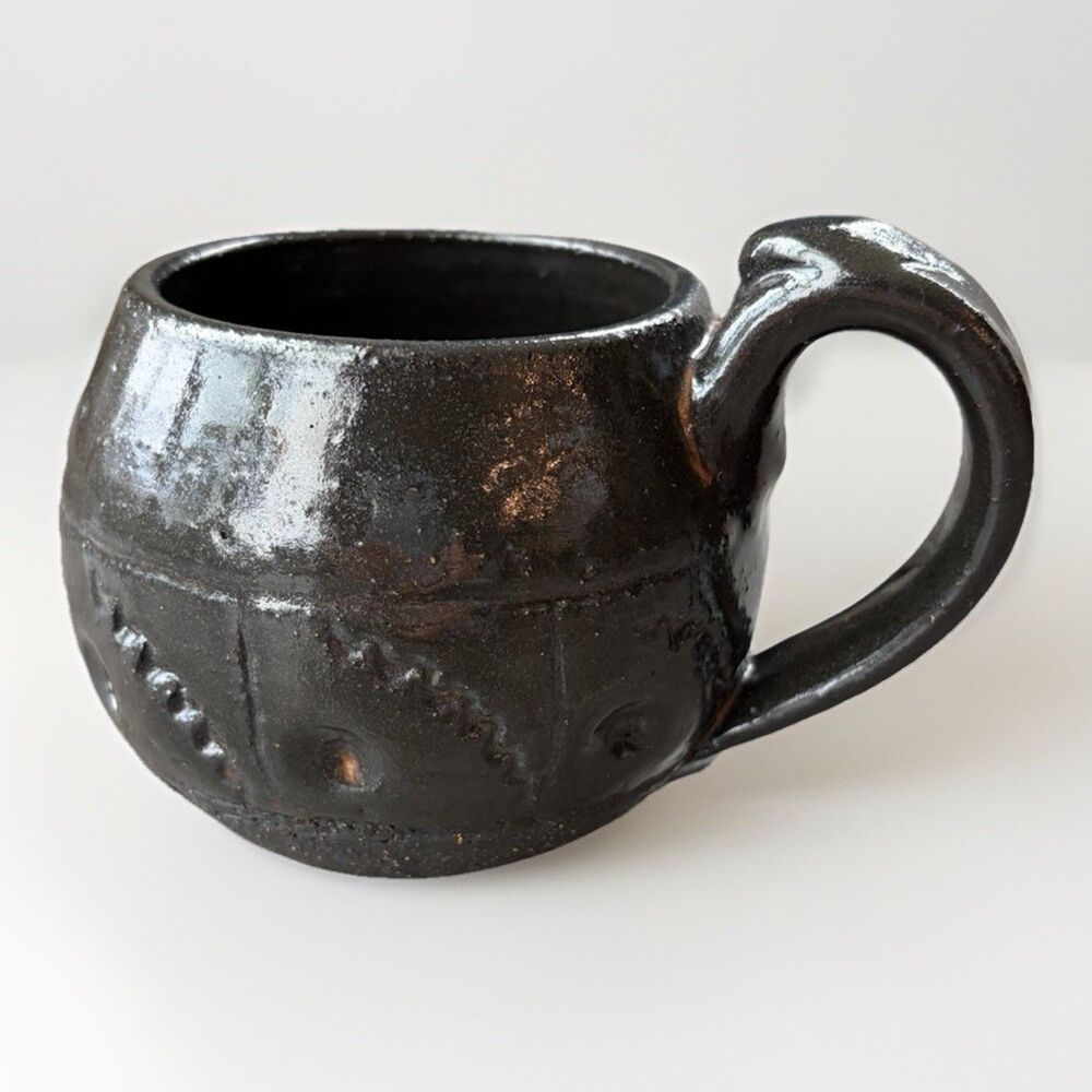 Glazed Stoneware Pottery Mug Round Black Boho Rustic